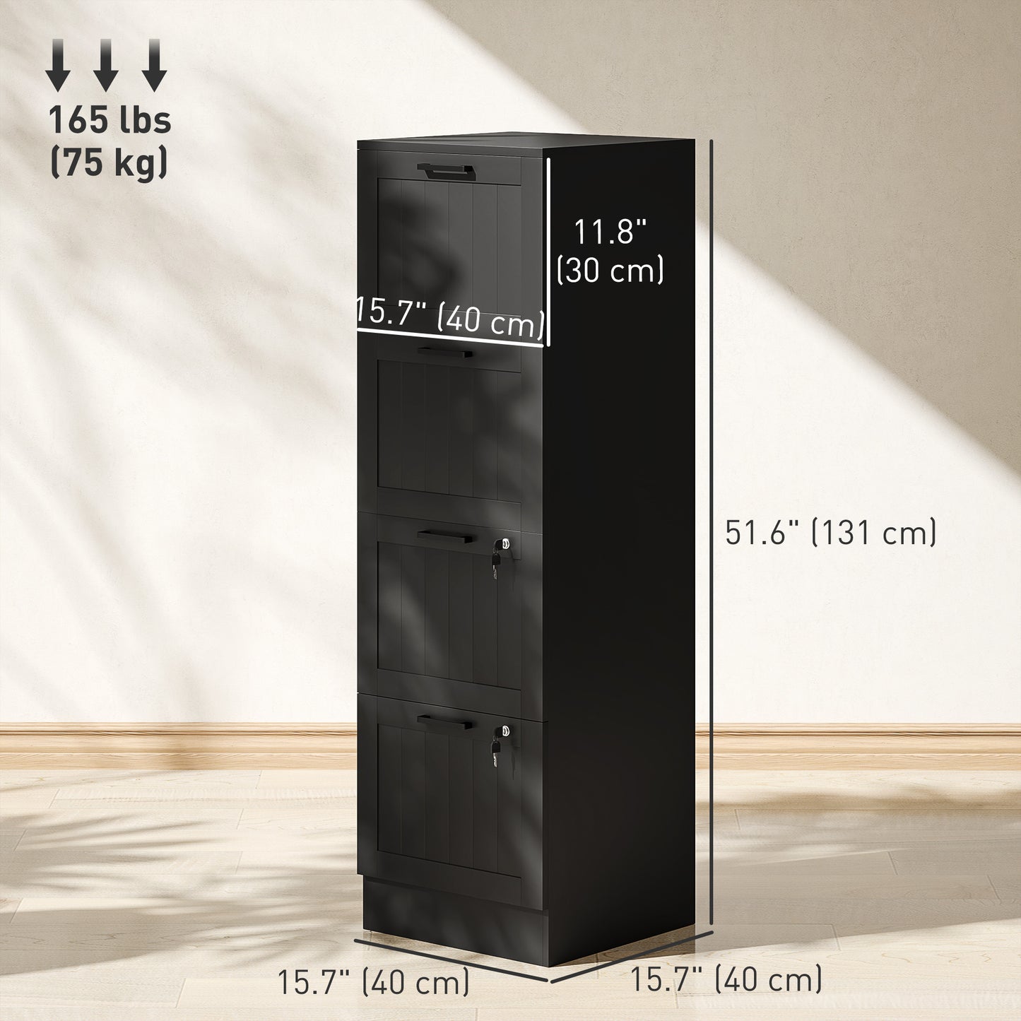 Classeur HOMCOM 4 tiroirs avec serrure, armoire de rangement de bureau avec barres de suspension réglables pour dossiers format A4, noir