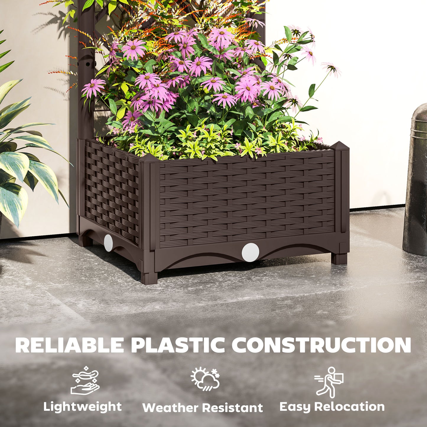 Outsunny Raised Garden Bed with Trellis, Plastic Raised Bed with Drainage Holes and Drainage Plugs, 16 x 16 x 48 in