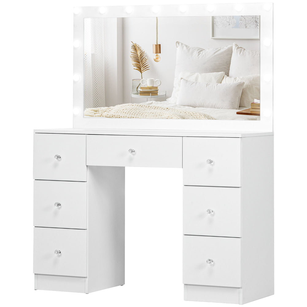 Coiffeuse avec miroir et éclairage, 7 tiroirs et 14 LED, blanche