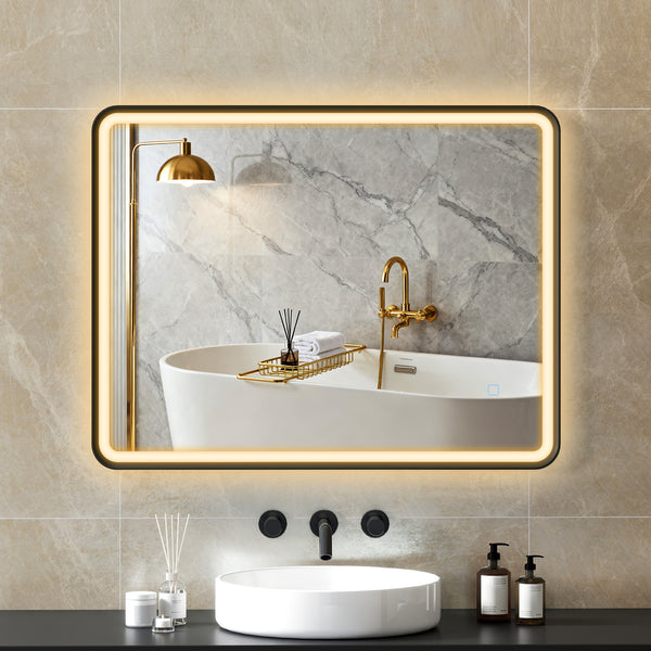 Bathroom mirror with LED lighting, wall-mounted, 3 colors, dimmable, horizontal/vertical format, black