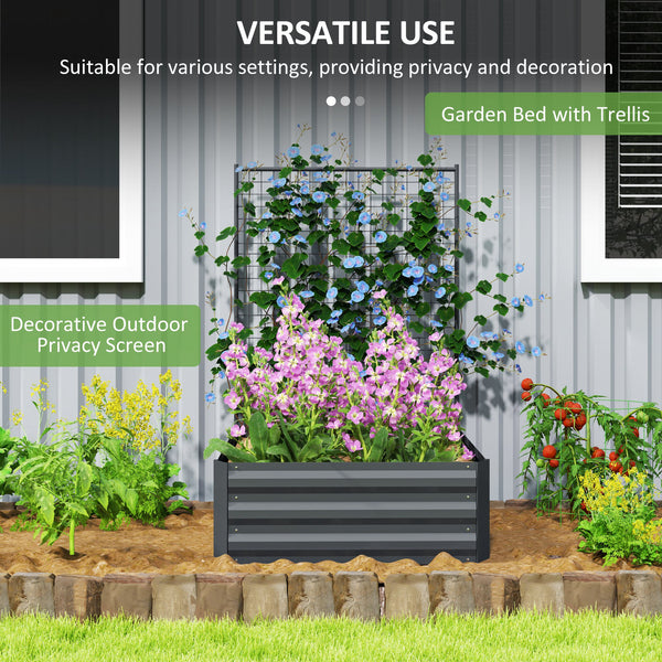 Jardinière surélevée galvanisée avec treillis pour plantes grimpantes, bac à fleurs d'extérieur à fond ouvert, gris foncé