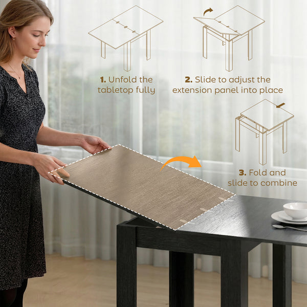 55" Extendable Dining Table for 4-6 Person, Kitchen Table with PU Handle and Felt Pads for Small Spaces, Black