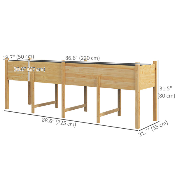 Jardinière surélevée en bois surélevé avec pieds, doublure et trous de drainage, 225,5 cm x 55 cm x 79 cm