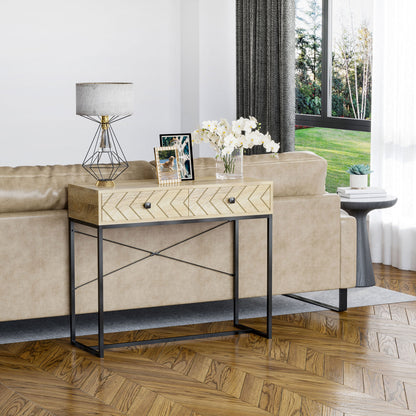 Meuble console avec 2 tiroirs de rangement, table d'entrée étroite avec cadre en métal, bureau