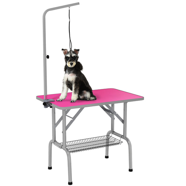 Foldable Grooming Table with Height Adjustable Grooming Arm and Storage Shelf, Pink
