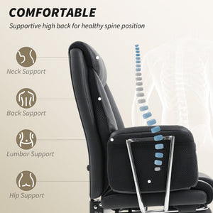 Upholstered reclining office chair with high backrest, faux leather upholstery, footrest, swivel casters, black