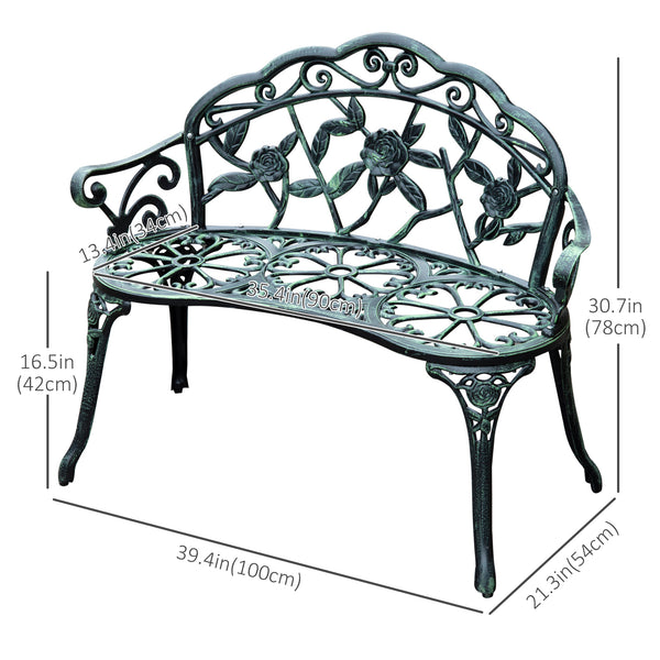 Banc de jardin d'extérieur en aluminium moulé, style rose antique, vert