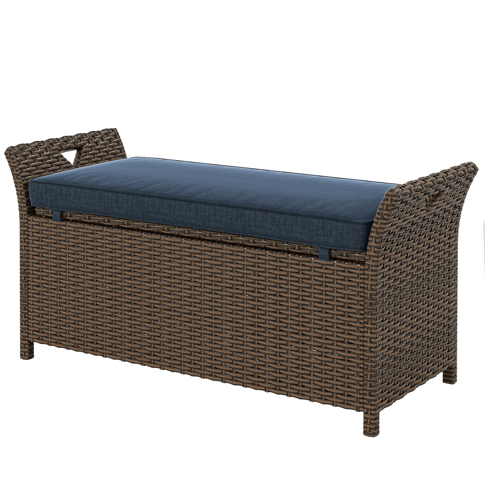 Banc de rangement extérieur 2 en 1 en osier avec poignées et coussin, bleu marine