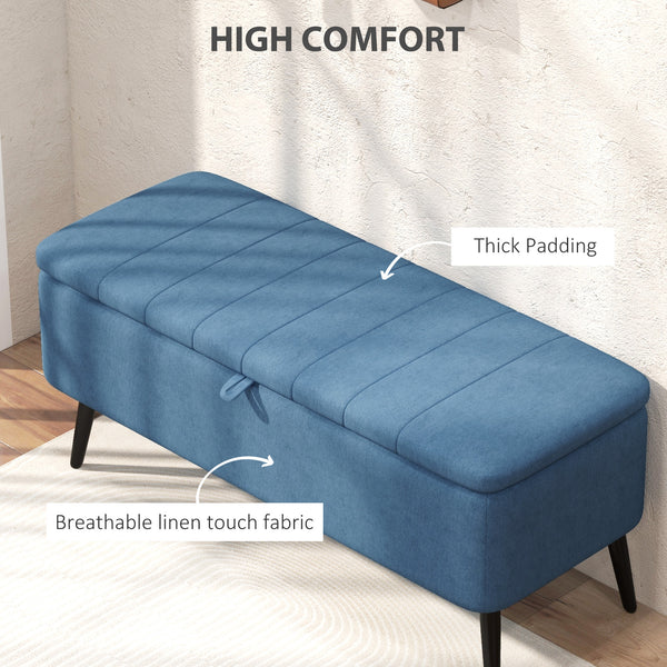 Pouf avec rangement rembourré en lin avec pieds en acier, bleu foncé
