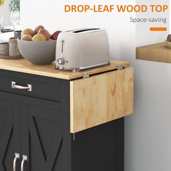 Îlot de cuisine pliable avec tiroir de rangement, chariot utilitaire à roulettes de style campagnard avec plateau en bois à abattant, noir