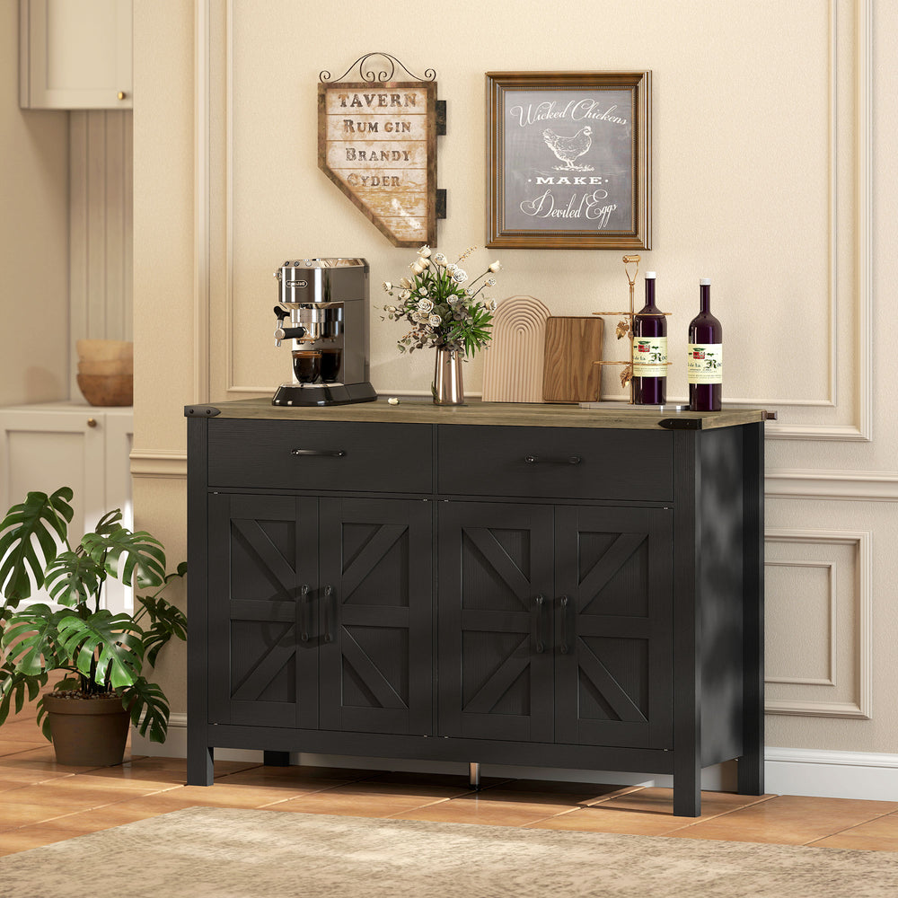 Buffet de rangement de cuisine de style campagnard avec 2 tiroirs et étagères, noir