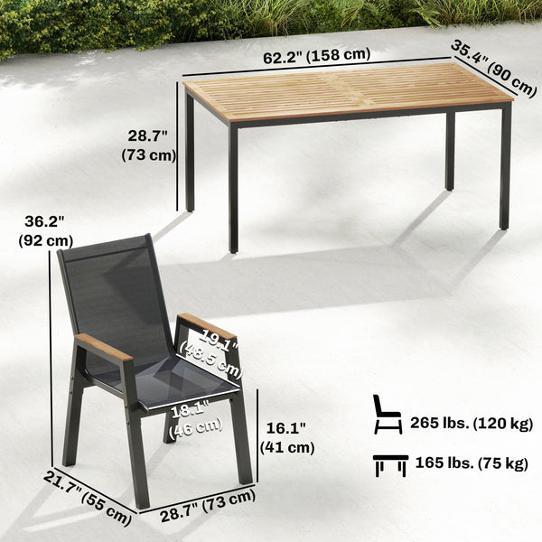 Ensemble de salle à manger d'extérieur 7 pièces, comprenant une table rectangulaire et 6 chaises en maille avec plateau à lattes