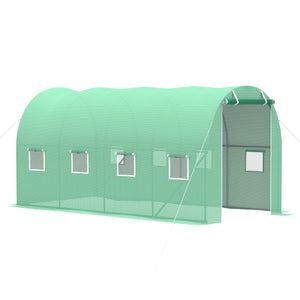 Tunnel greenhouse with zippered roll-up door and 8 screened windows, galvanized steel frame, green