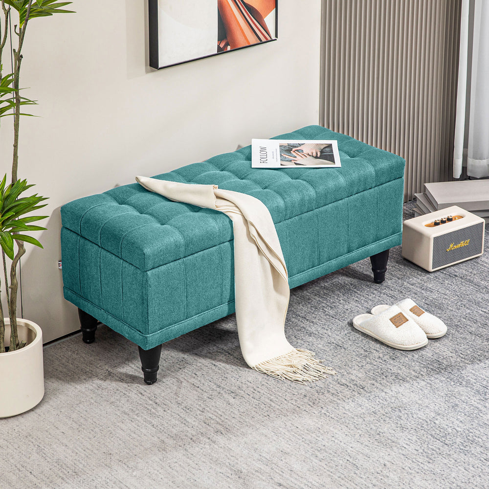 Pouf de rangement en tissu lin avec capitonnage à boutons, vert