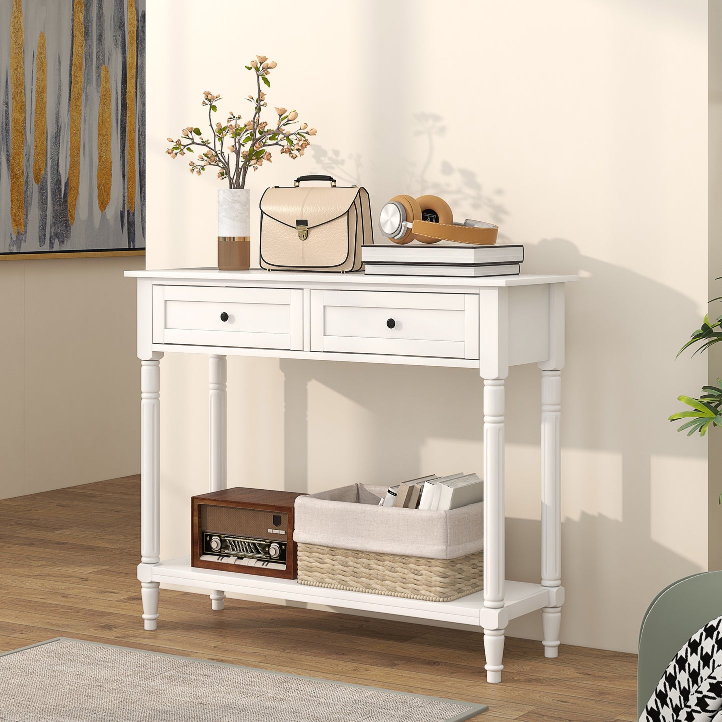 Console d'entrée moderne avec 2 tiroirs, étagère de rangement, pieds tournés, blanc