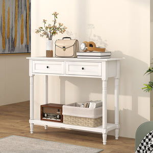 Modern Hallway Console Table with 2 Drawers, Storage Shelf, Turned Legs, White