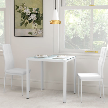 Ensemble de tables et chaises en verre avec structure en métal et revêtement en similicuir pour salle à manger, blanc