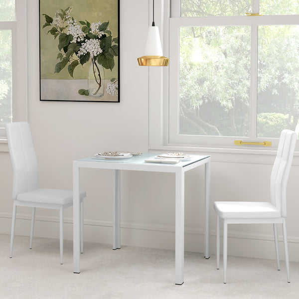 Ensemble de tables et chaises en verre avec structure en métal et revêtement en similicuir pour salle à manger, blanc