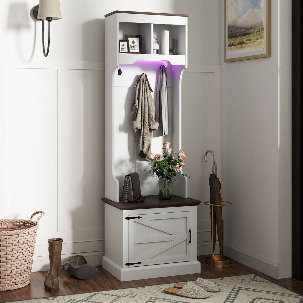 Meuble d'entrée 3 en 1 avec éclairage LED et banc, porte-manteau et rangement pour chaussures, grain de bois blanc