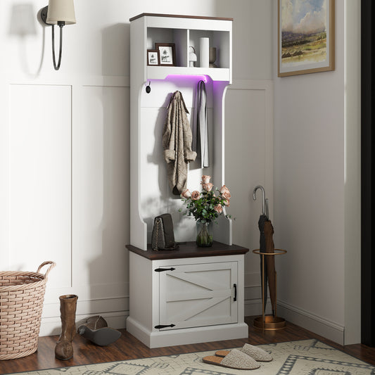 3-in-1 Entryway Cabinet with LED Lighting and Bench, Coat Rack and Shoe Storage, White Wood Grain