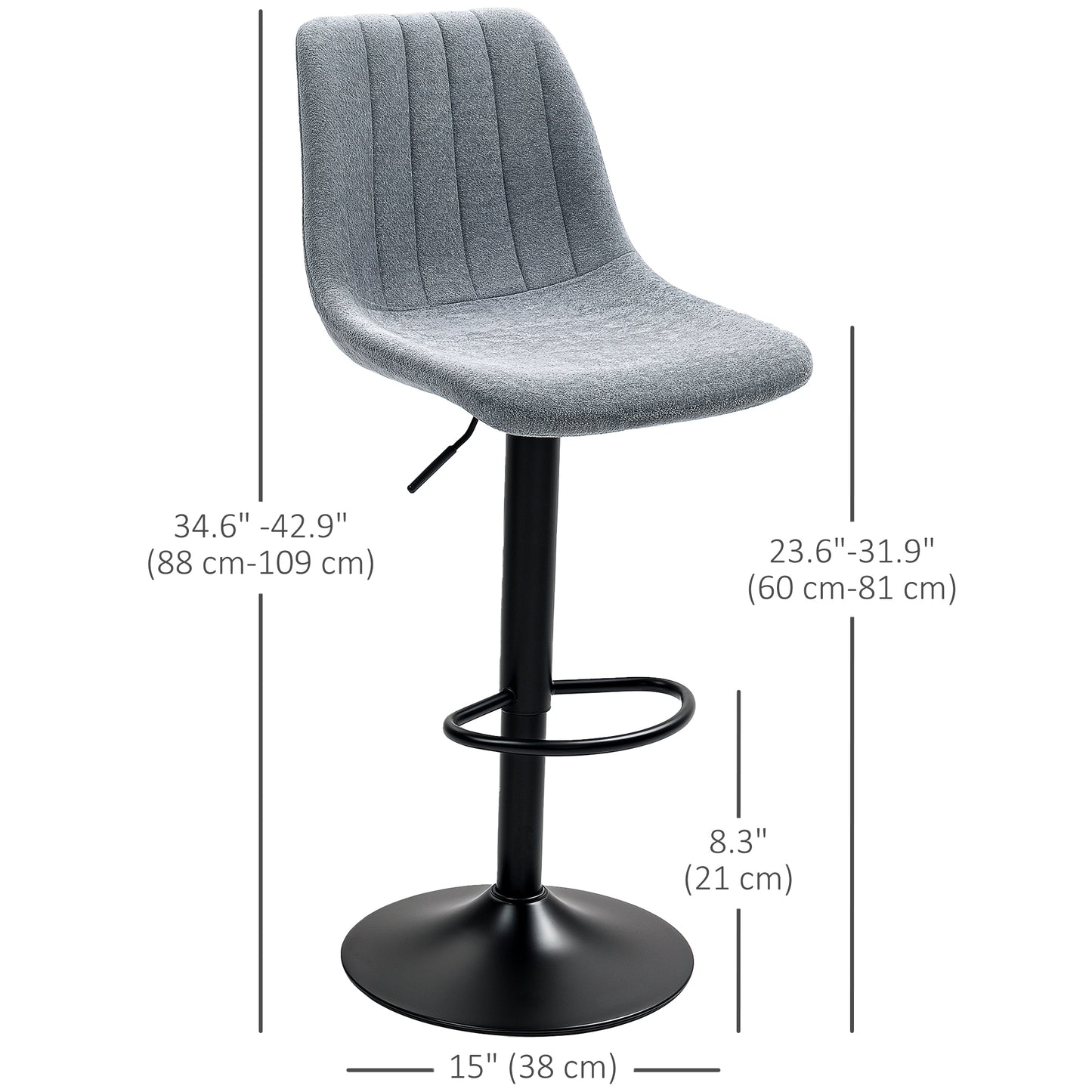 Lot de 2 tabourets de bar réglables pivotants avec dossier et repose-pieds pour îlot de cuisine, gris anthracite