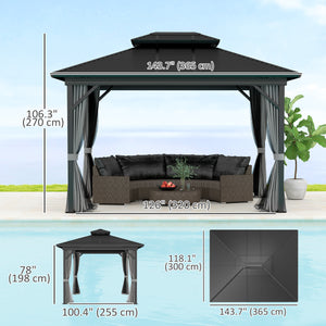 Gazebo 10' x 12' à toit rigide métallique à deux niveaux, moustiquaire et crochet de suspension, gris clair