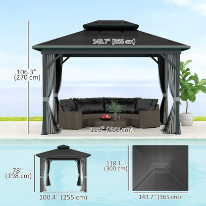 Gazebo 10' x 12' à toit rigide métallique à deux niveaux, moustiquaire et crochet de suspension, gris clair
