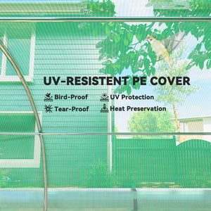 Heated tunnel greenhouse with shade netting, roll-up mesh side panels, green