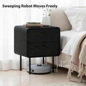Set of 2 bedside tables with 2 storage drawers and steel legs, black wood finish.