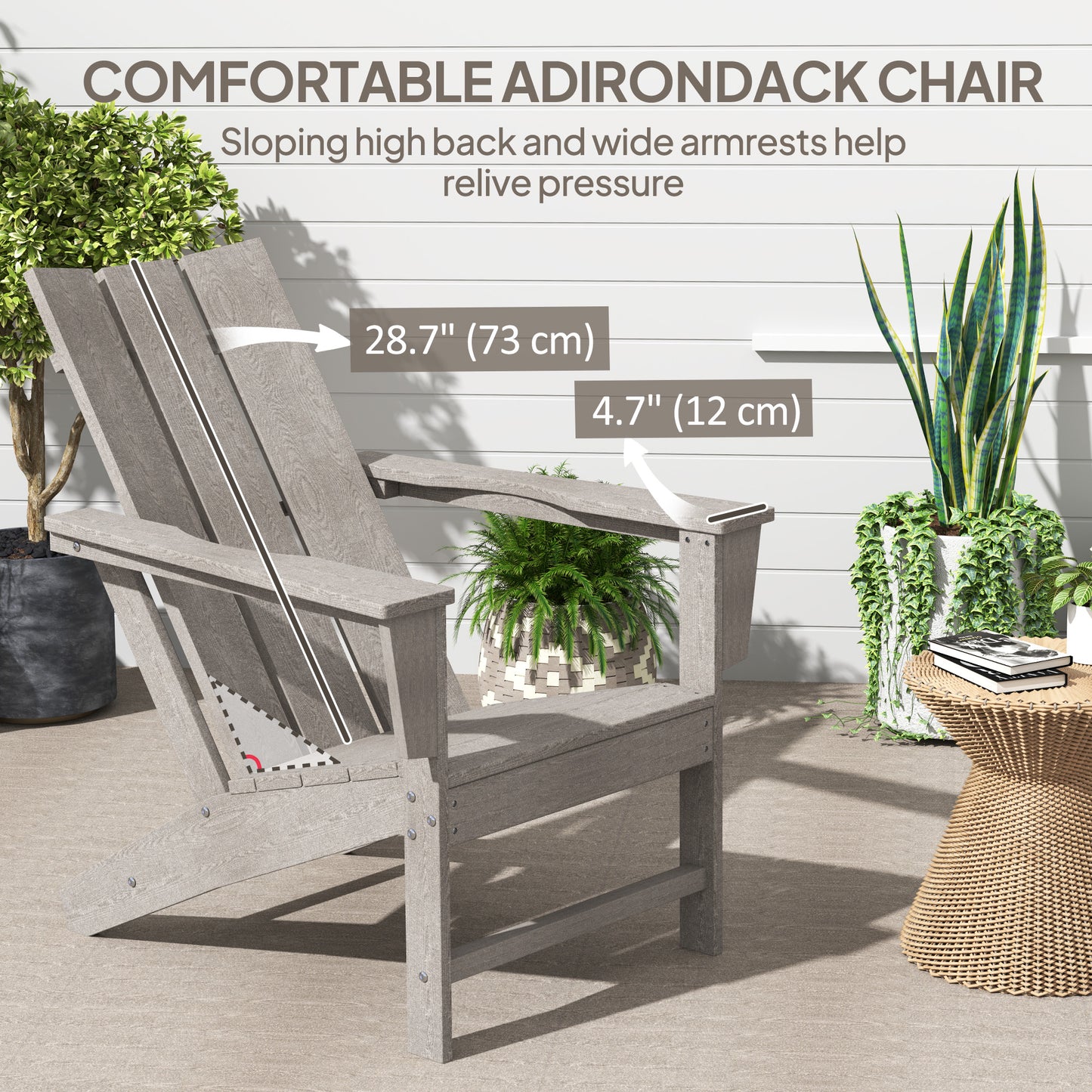 Chaise Adirondack en plastique avec dossier haut et larges accoudoirs, gris foncé