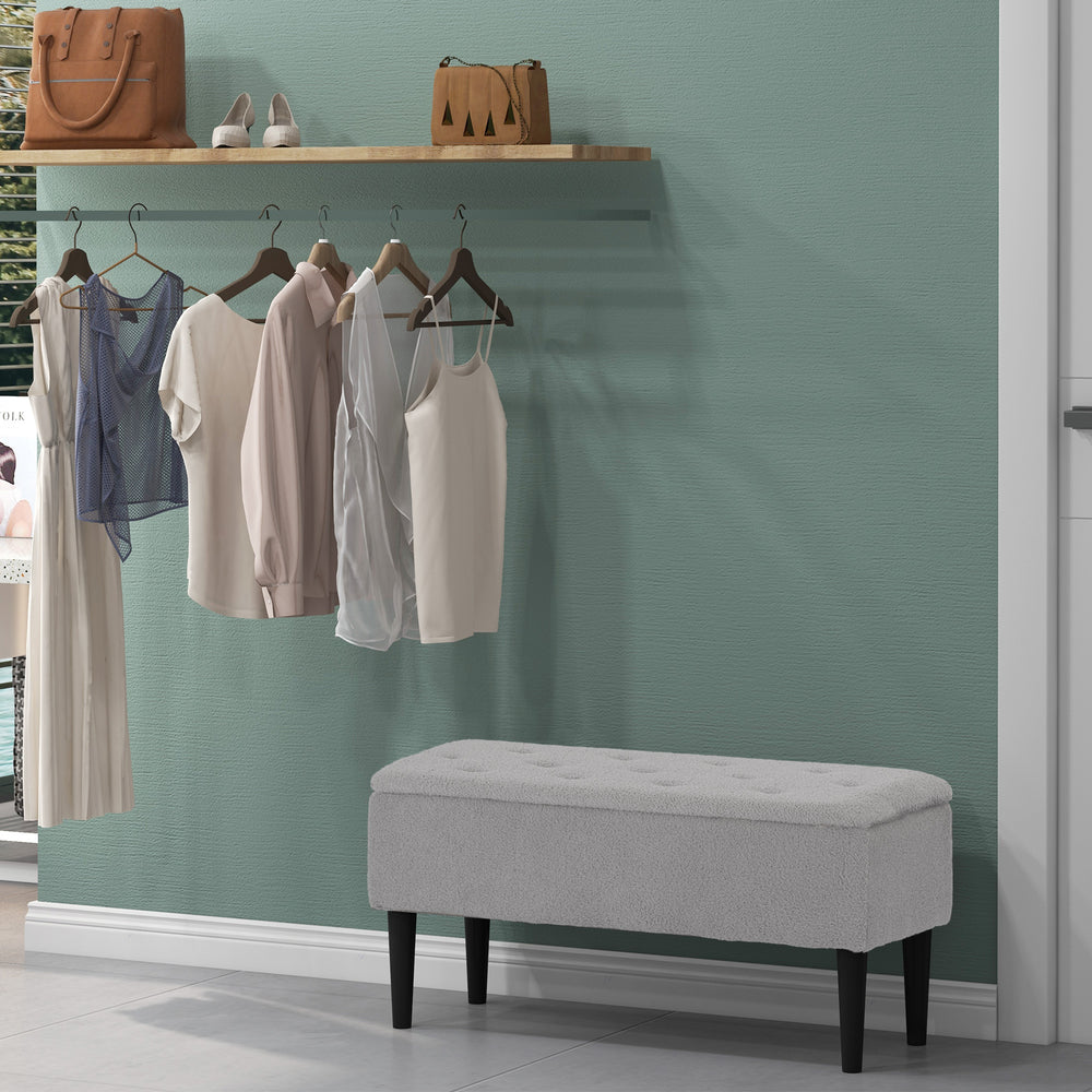 Banc de rangement moderne avec revêtement en laine d'agneau, gris