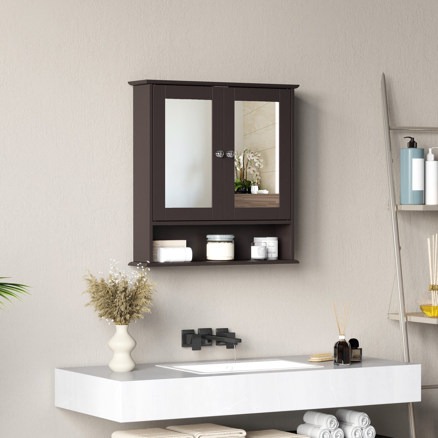 Medicine cabinet with mirror and double doors, dark brown