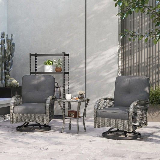 Ensemble de jardin 3 pièces en osier avec 2 fauteuils pivotants à bascule et une table basse en verre à deux niveaux, gris