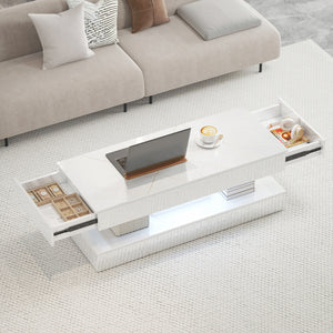 Coffee table with adjustable LED lighting, 2 drawers, open shelf, remote control, glossy white marble-effect lacquered finish
