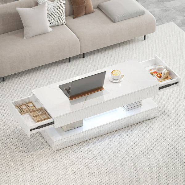 Coffee table with adjustable LED lighting, 2 drawers, open shelf, remote control, glossy white marble-effect lacquered finish