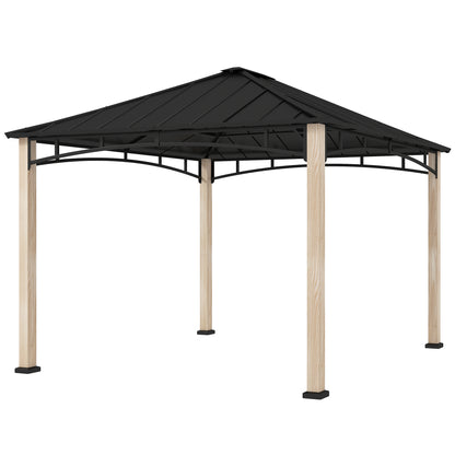 Gazebo 10' x 12' à toit rigide avec toit en métal, structure en grain de bois, auvent d'extérieur pour patio,