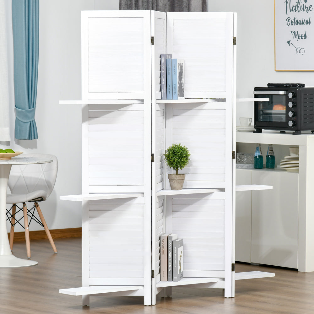 Cloison de séparation 4 panneaux avec 3 étagères de rangement, blanc