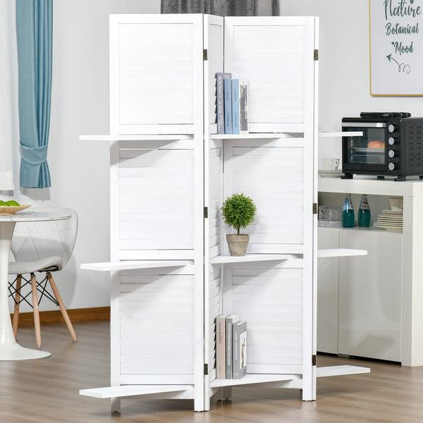 Cloison de séparation 4 panneaux avec 3 étagères de rangement, blanc