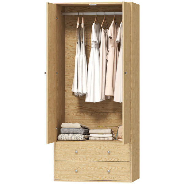 Armoire penderie moderne avec 2 tiroirs et tringle de suspension, bois naturel