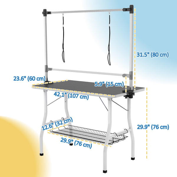 Foldable grooming table with adjustable grooming arms and storage shelf, black