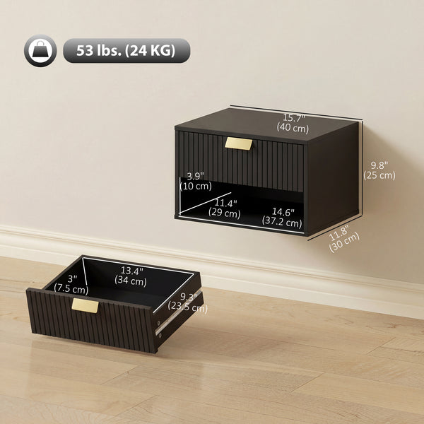 Ensemble de 2 tables de chevet murales flottantes avec tiroir cannelé et étagère ouverte, noir