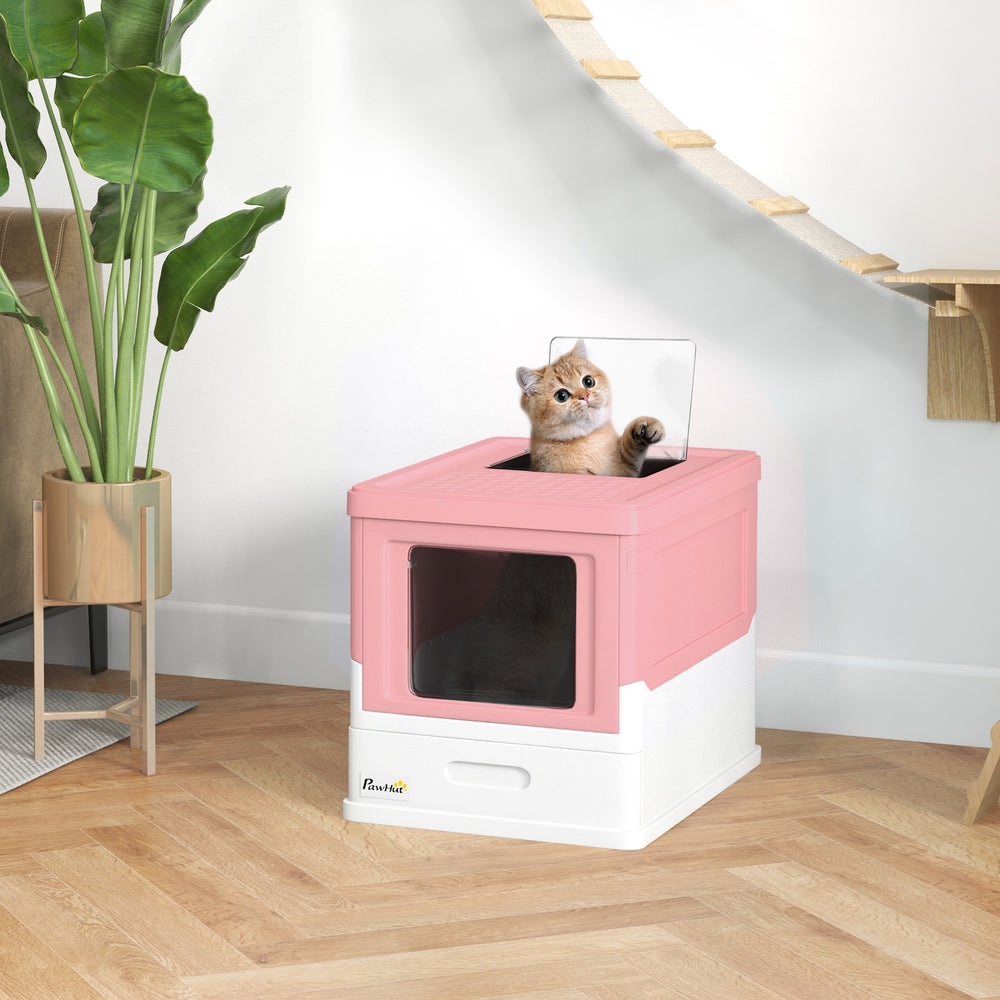 Enclosed litter box with scoop and tray, pink