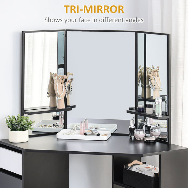 Coiffeuse d'angle avec 5 tiroirs et étagères ouvertes, miroir 3 pièces, noire
