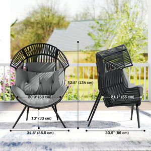 Fauteuil œuf en osier en rotin avec coussin épais et appui-tête, structure en acier, coussins réglables, gris