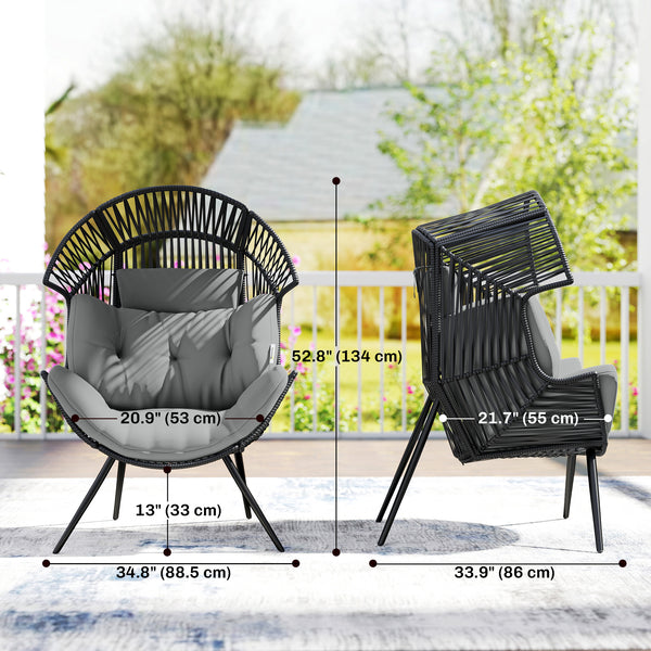 Fauteuil œuf en osier en rotin avec coussin épais et appui-tête, structure en acier, coussins réglables, gris