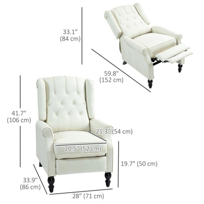 Fauteuil inclinable avec repose-pieds, capitonné et accoudoirs roulés pour salon, blanc crème
