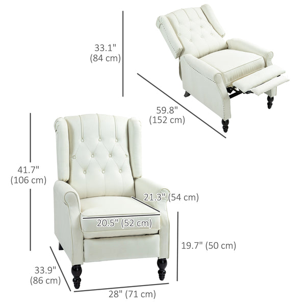 Fauteuil inclinable avec repose-pieds, capitonné et accoudoirs roulés pour salon, blanc crème