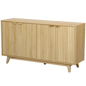 Buffet cannelé, meuble bar 140 cm, 4 portes, 2 étagères réglables, 5 pieds en bois, bois naturel