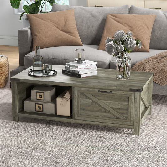 Table basse rustique avec tiroir et étagère de rangement, gris