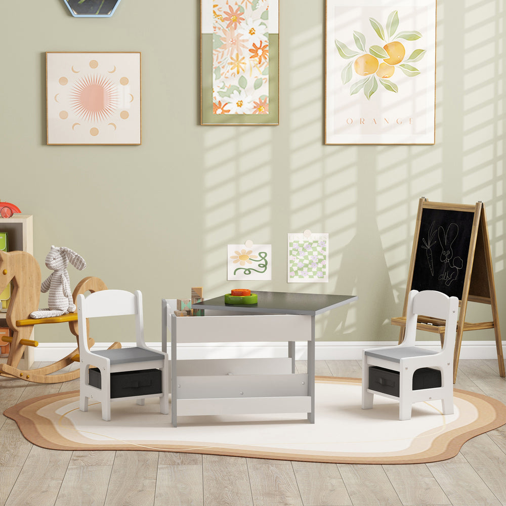 Ensemble table et chaises 3 pièces avec plateau réversible, tableau noir et panier noir